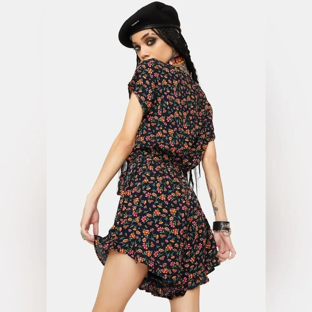 Lost + Wander Party Til Dawn Floral Romper ruffle hem black pink yellow